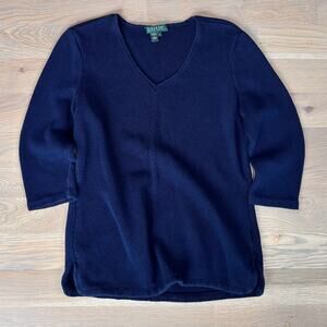 VTG 90s Lauren Ralph Lauren V Neck Sweater Heavy Navy 3/4 Sleeve Womens L/XL